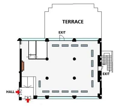 planimetria della Sala Visconti con tavoli disposti per esposizione